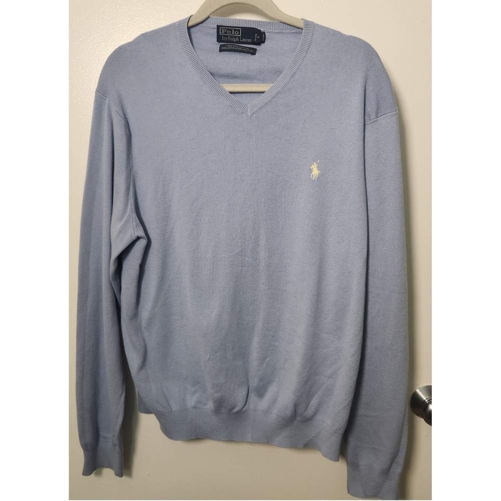 Vtg‎ Polo Ralph Lauren Men's XL 100% Pima Cotton V-Neck Pastel Blue Sweater